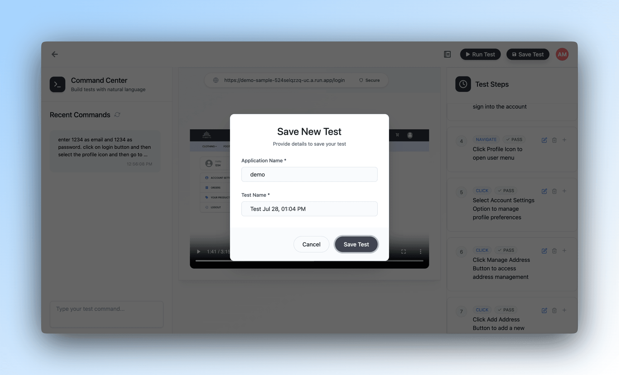 Save and Manage Tests Interface