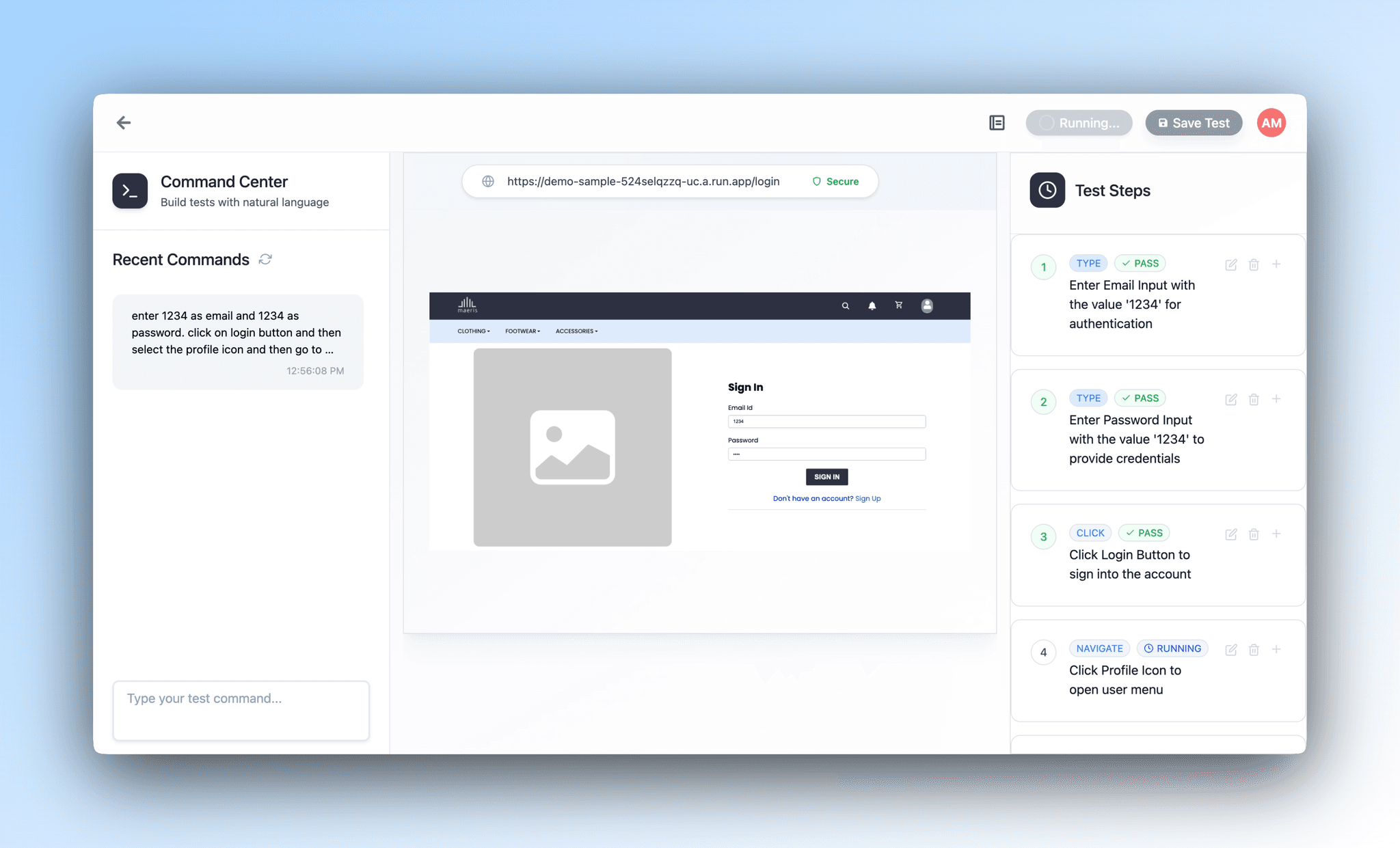 Live Test Run Interface